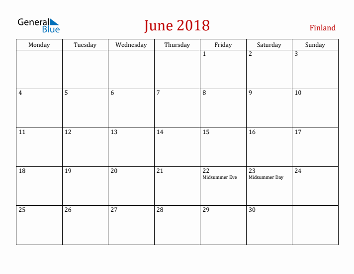 Finland June 2018 Calendar - Monday Start