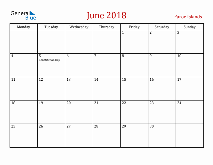 Faroe Islands June 2018 Calendar - Monday Start