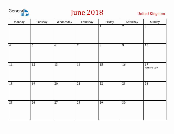 United Kingdom June 2018 Calendar - Monday Start