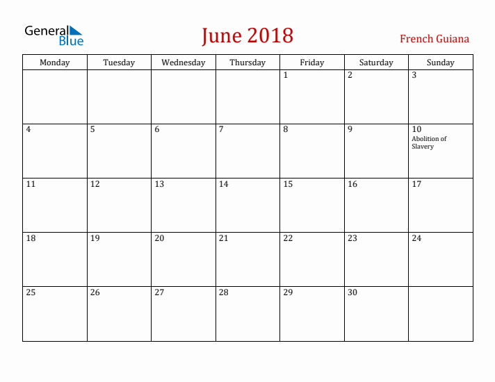 French Guiana June 2018 Calendar - Monday Start