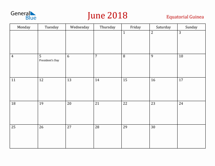 Equatorial Guinea June 2018 Calendar - Monday Start