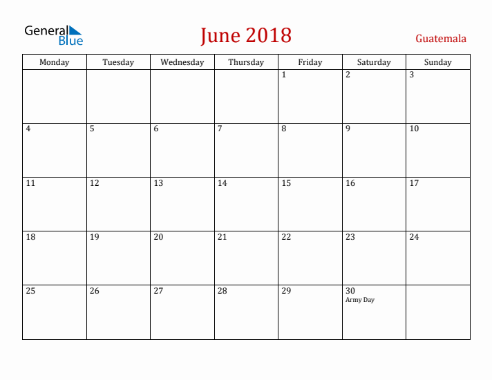 Guatemala June 2018 Calendar - Monday Start