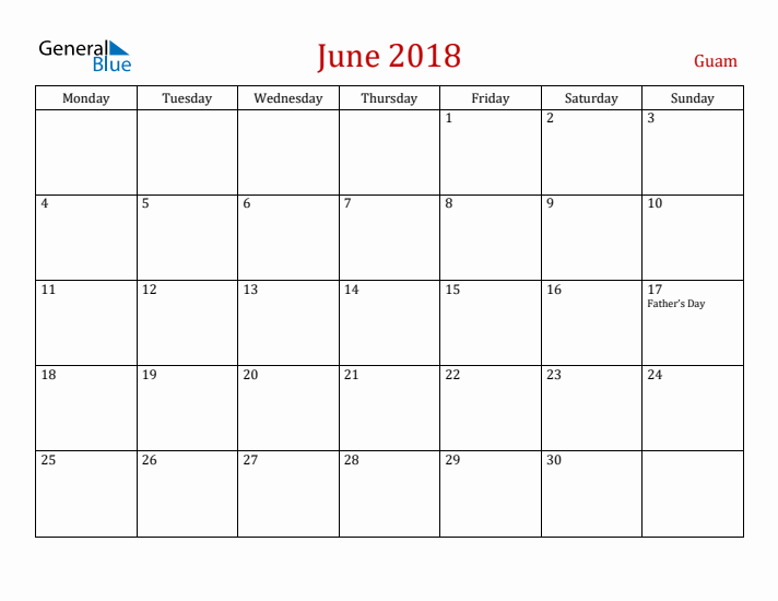 Guam June 2018 Calendar - Monday Start