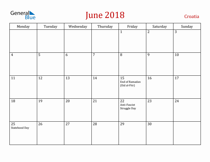 Croatia June 2018 Calendar - Monday Start