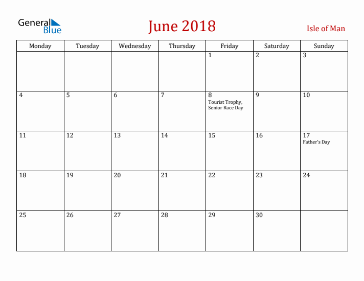 Isle of Man June 2018 Calendar - Monday Start