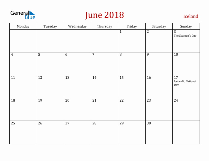 Iceland June 2018 Calendar - Monday Start