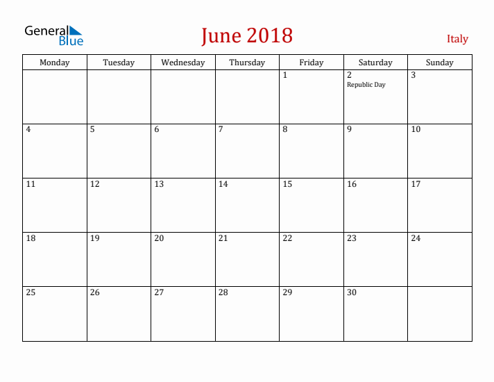Italy June 2018 Calendar - Monday Start