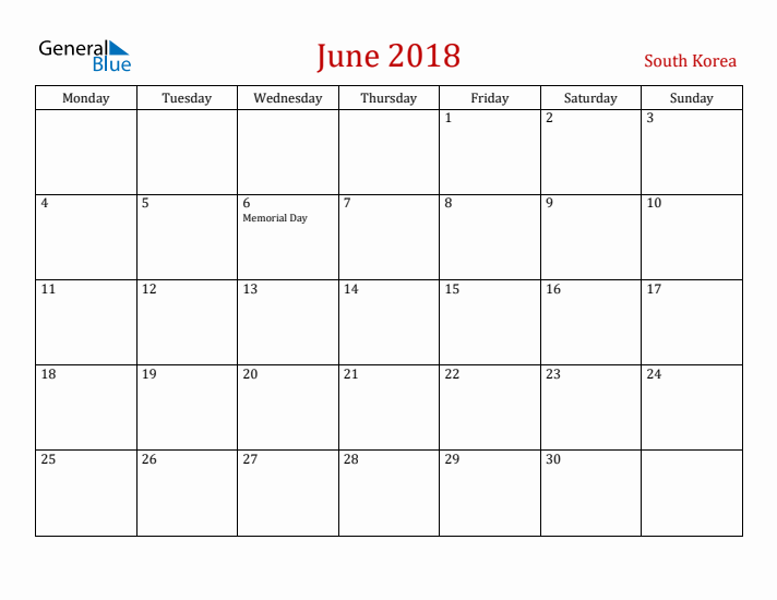 South Korea June 2018 Calendar - Monday Start