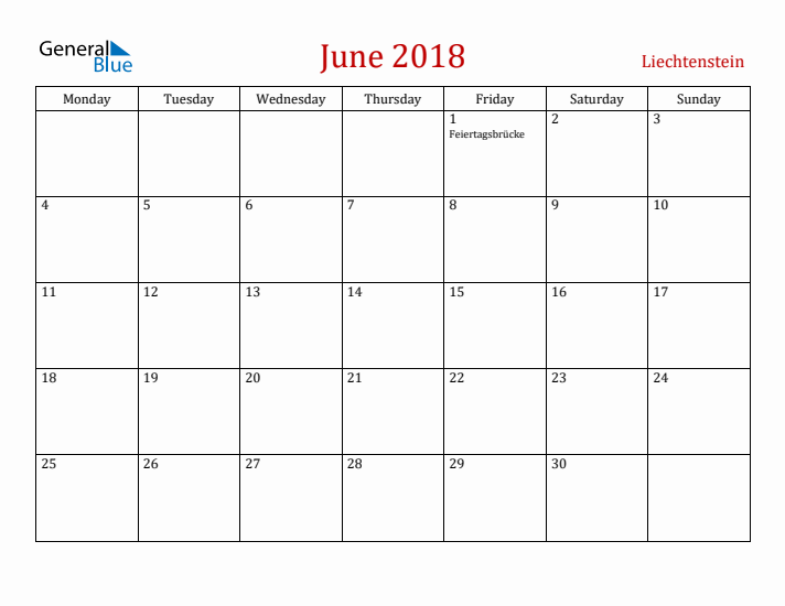 Liechtenstein June 2018 Calendar - Monday Start
