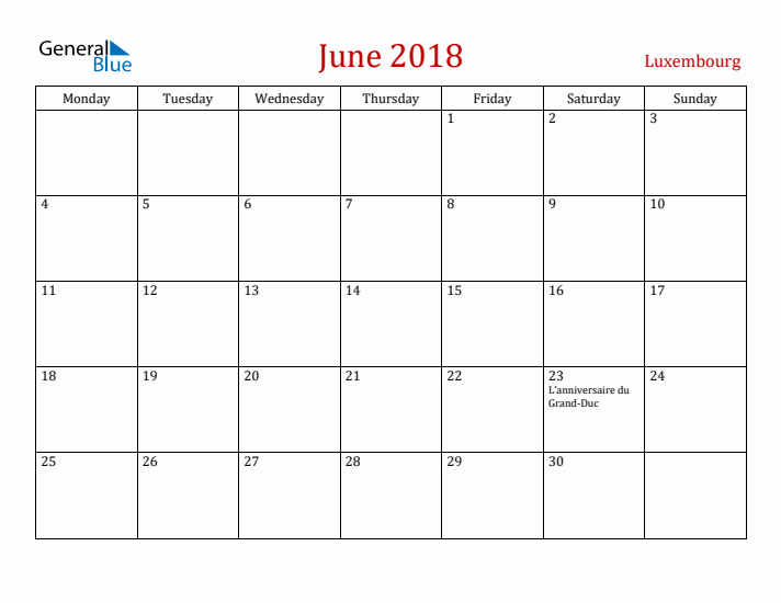 Luxembourg June 2018 Calendar - Monday Start
