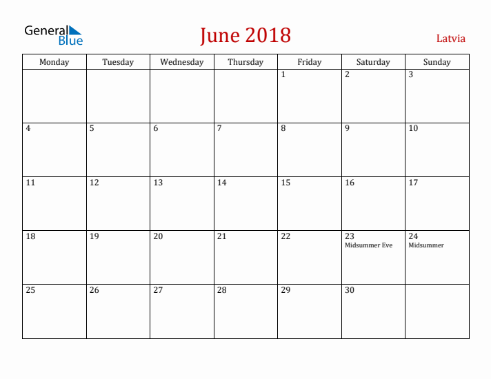 Latvia June 2018 Calendar - Monday Start