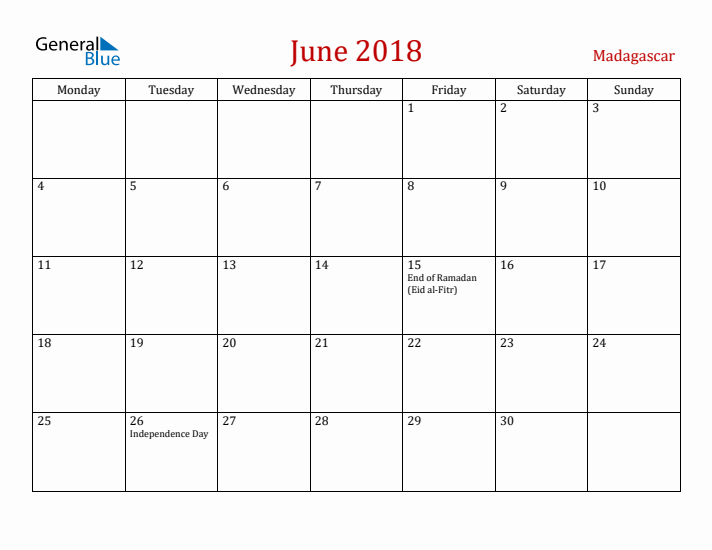 Madagascar June 2018 Calendar - Monday Start