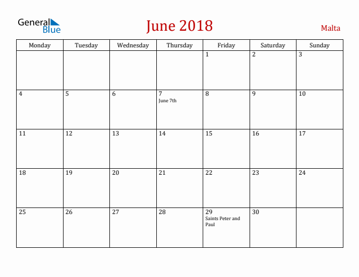 Malta June 2018 Calendar - Monday Start