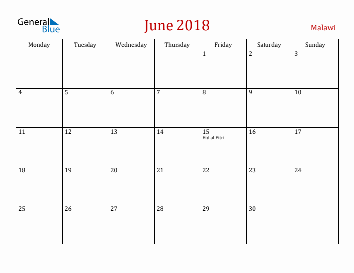 Malawi June 2018 Calendar - Monday Start