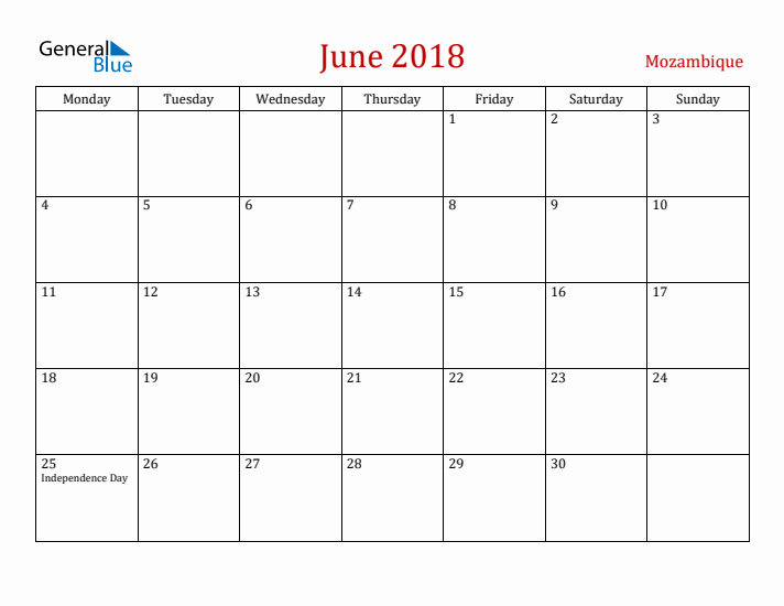 Mozambique June 2018 Calendar - Monday Start