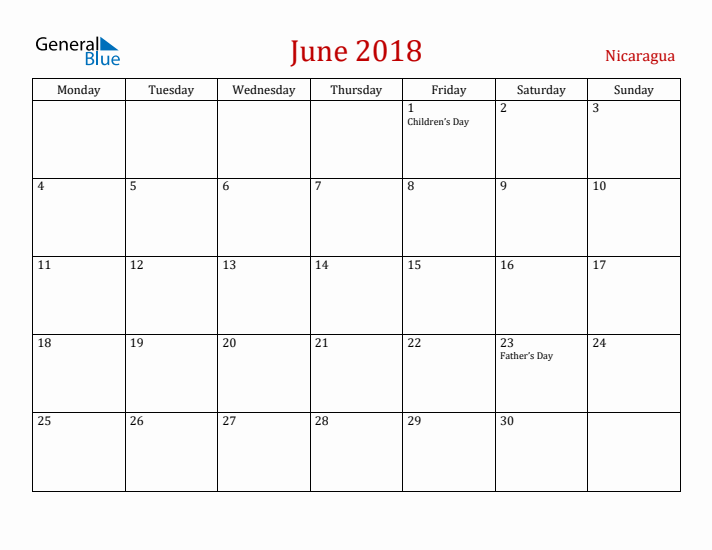 Nicaragua June 2018 Calendar - Monday Start