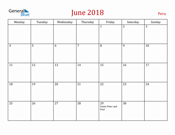 Peru June 2018 Calendar - Monday Start