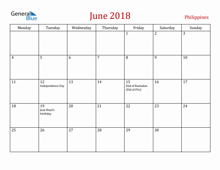 Philippines June 2018 Calendar - Monday Start