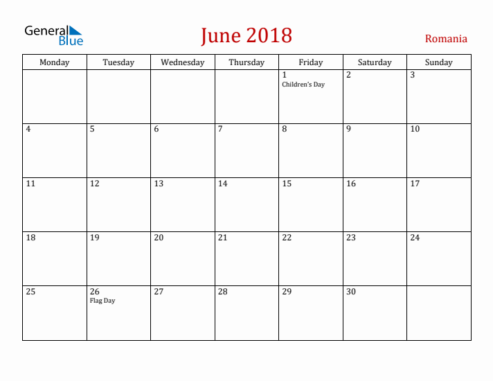 Romania June 2018 Calendar - Monday Start