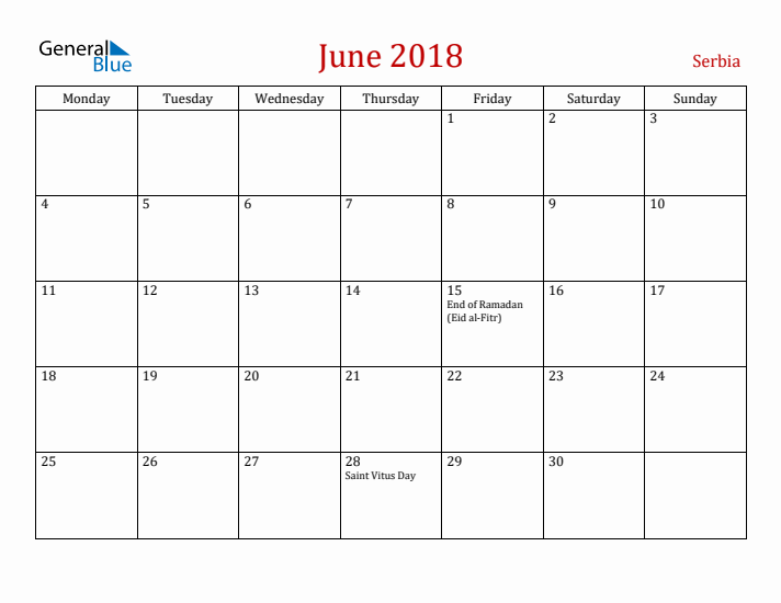 Serbia June 2018 Calendar - Monday Start
