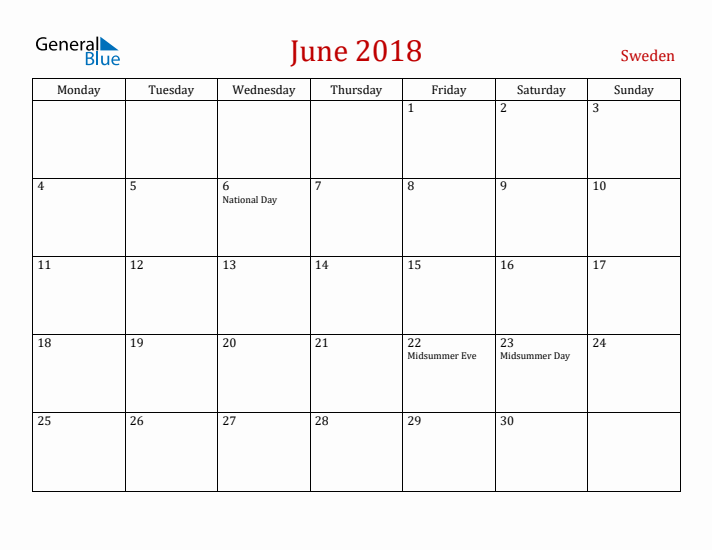 Sweden June 2018 Calendar - Monday Start