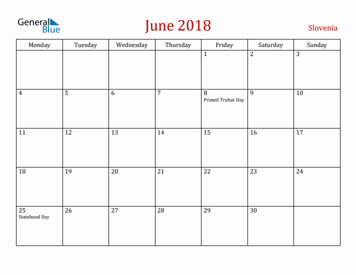 Slovenia June 2018 Calendar - Monday Start
