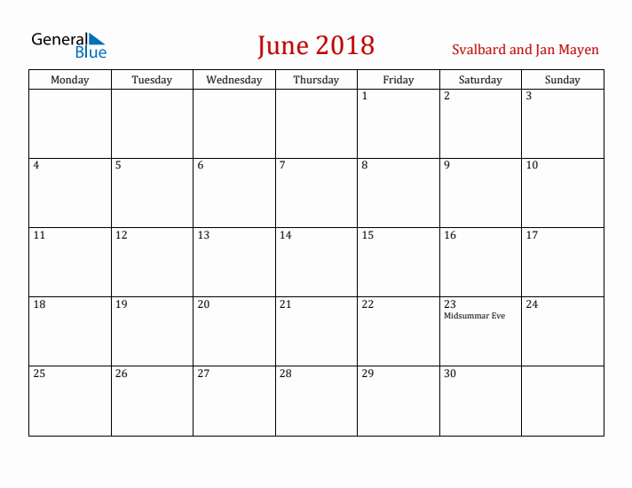 Svalbard and Jan Mayen June 2018 Calendar - Monday Start