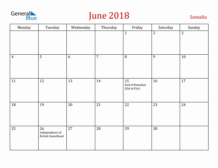 Somalia June 2018 Calendar - Monday Start