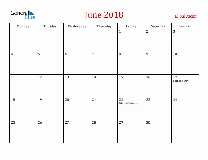El Salvador June 2018 Calendar - Monday Start