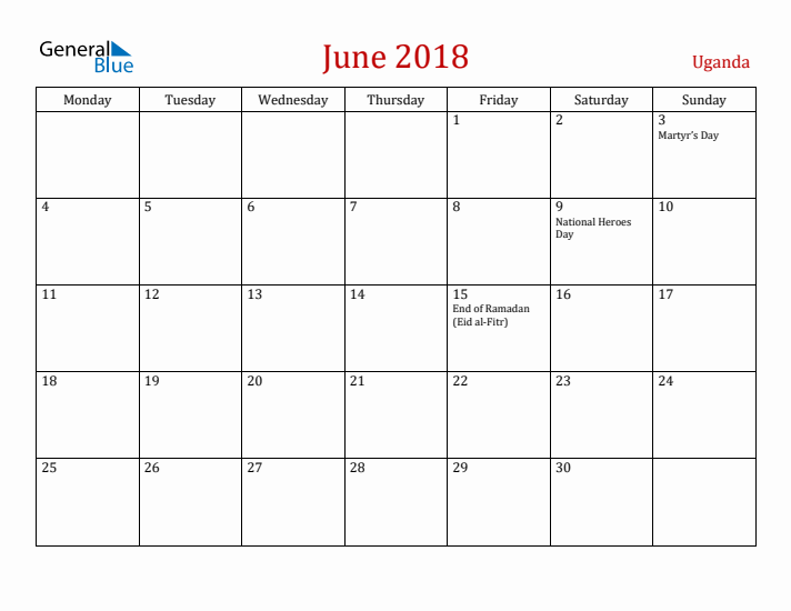 Uganda June 2018 Calendar - Monday Start