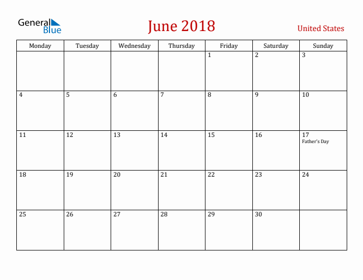 United States June 2018 Calendar - Monday Start