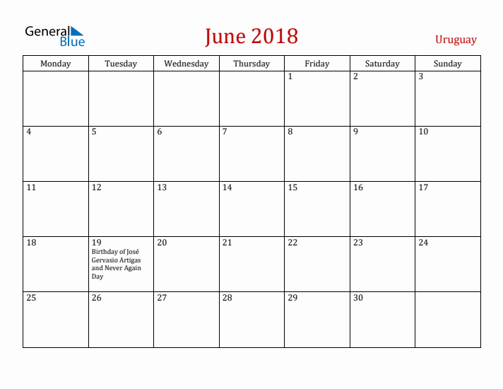 Uruguay June 2018 Calendar - Monday Start