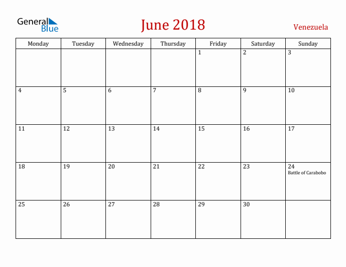 Venezuela June 2018 Calendar - Monday Start