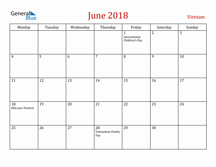 Vietnam June 2018 Calendar - Monday Start