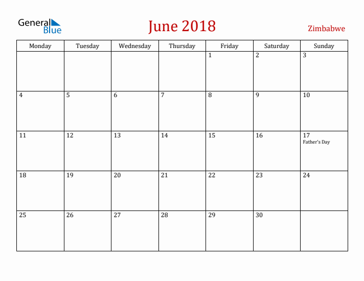 Zimbabwe June 2018 Calendar - Monday Start