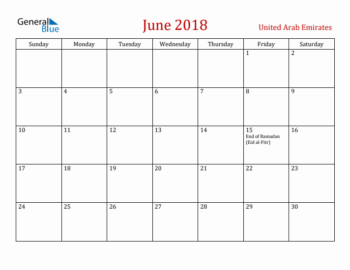 United Arab Emirates June 2018 Calendar - Sunday Start