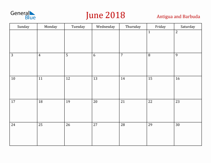 Antigua and Barbuda June 2018 Calendar - Sunday Start