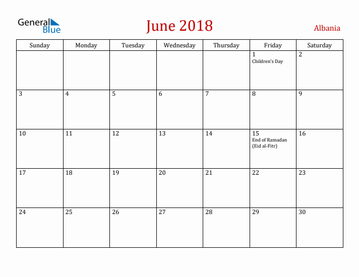 Albania June 2018 Calendar - Sunday Start