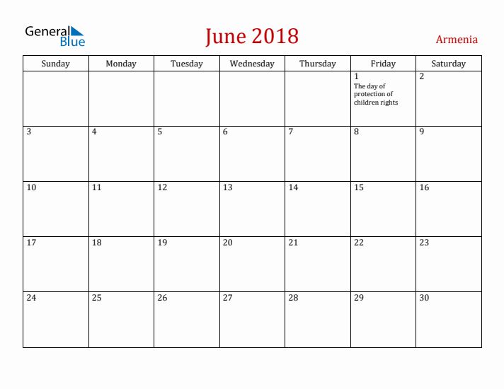 Armenia June 2018 Calendar - Sunday Start
