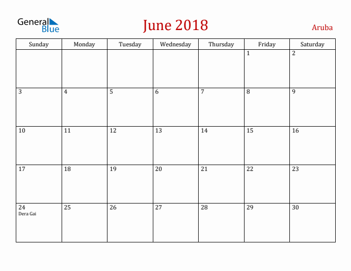Aruba June 2018 Calendar - Sunday Start