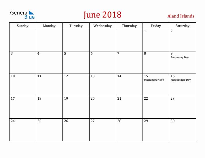 Aland Islands June 2018 Calendar - Sunday Start