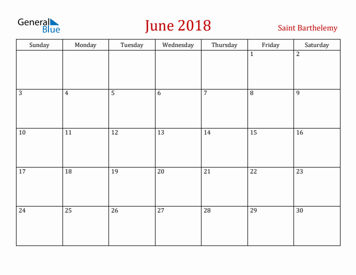 Saint Barthelemy June 2018 Calendar - Sunday Start