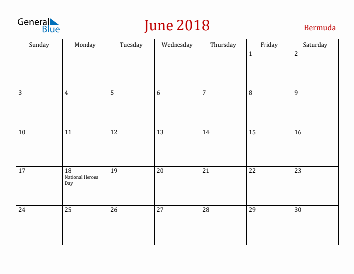 Bermuda June 2018 Calendar - Sunday Start