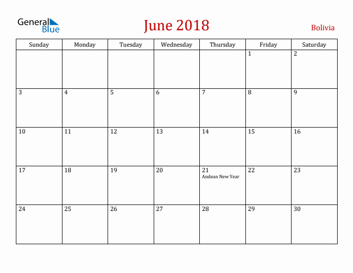 Bolivia June 2018 Calendar - Sunday Start