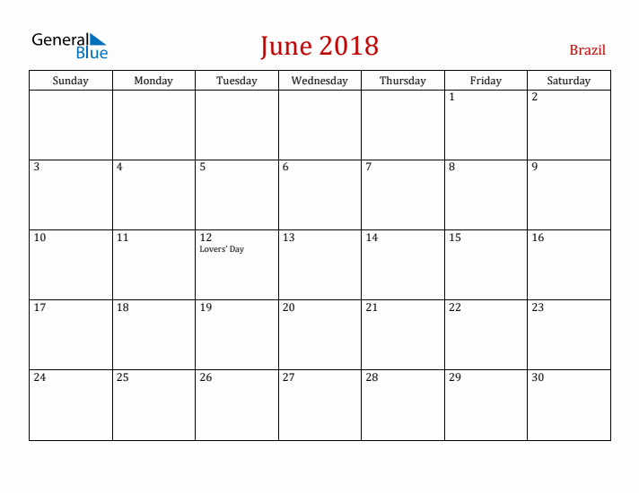 Brazil June 2018 Calendar - Sunday Start