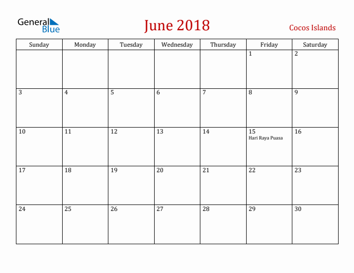 Cocos Islands June 2018 Calendar - Sunday Start