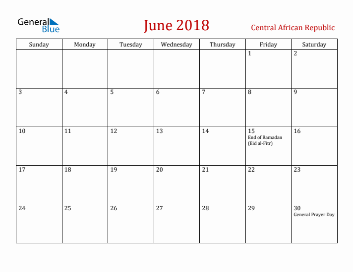 Central African Republic June 2018 Calendar - Sunday Start