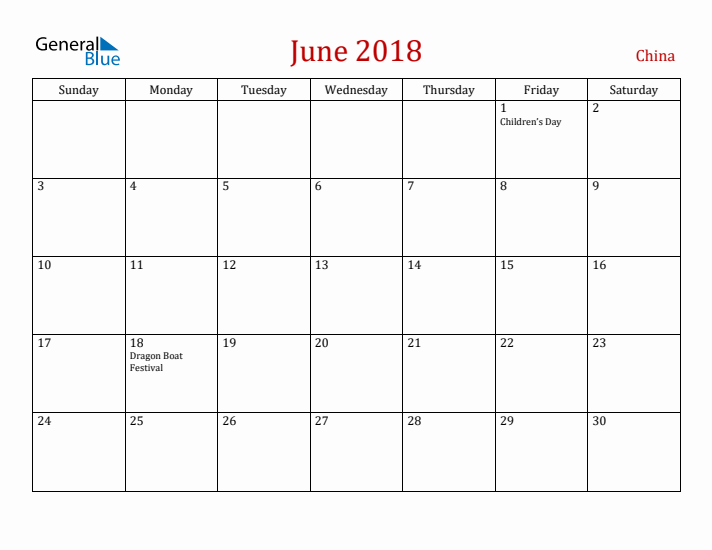 China June 2018 Calendar - Sunday Start
