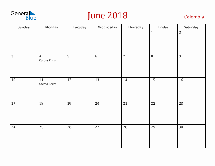 Colombia June 2018 Calendar - Sunday Start