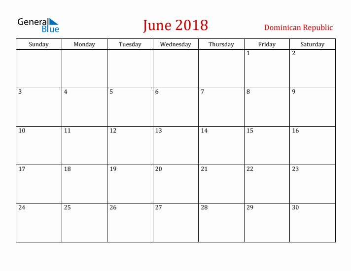 Dominican Republic June 2018 Calendar - Sunday Start